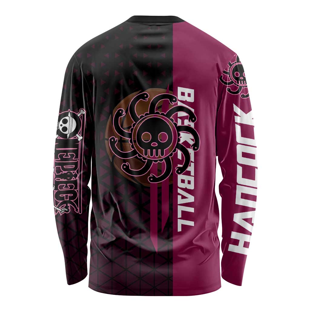 Boa Hancock One Piece Basketball Theme Maroon and Black Design Long Sleeve Shirt with Serpent Emblem and Dynamic Pose - The Mazicc