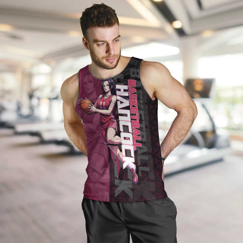 Boa Hancock One Piece Basketball Theme Maroon and Black Design Men Tank Top with Serpent Emblem and Dynamic Pose - The Mazicc