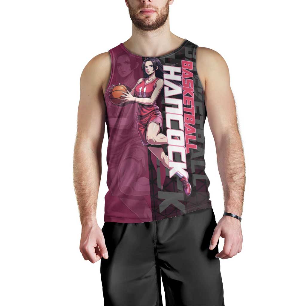 Boa Hancock One Piece Basketball Theme Maroon and Black Design Men Tank Top with Serpent Emblem and Dynamic Pose - The Mazicc