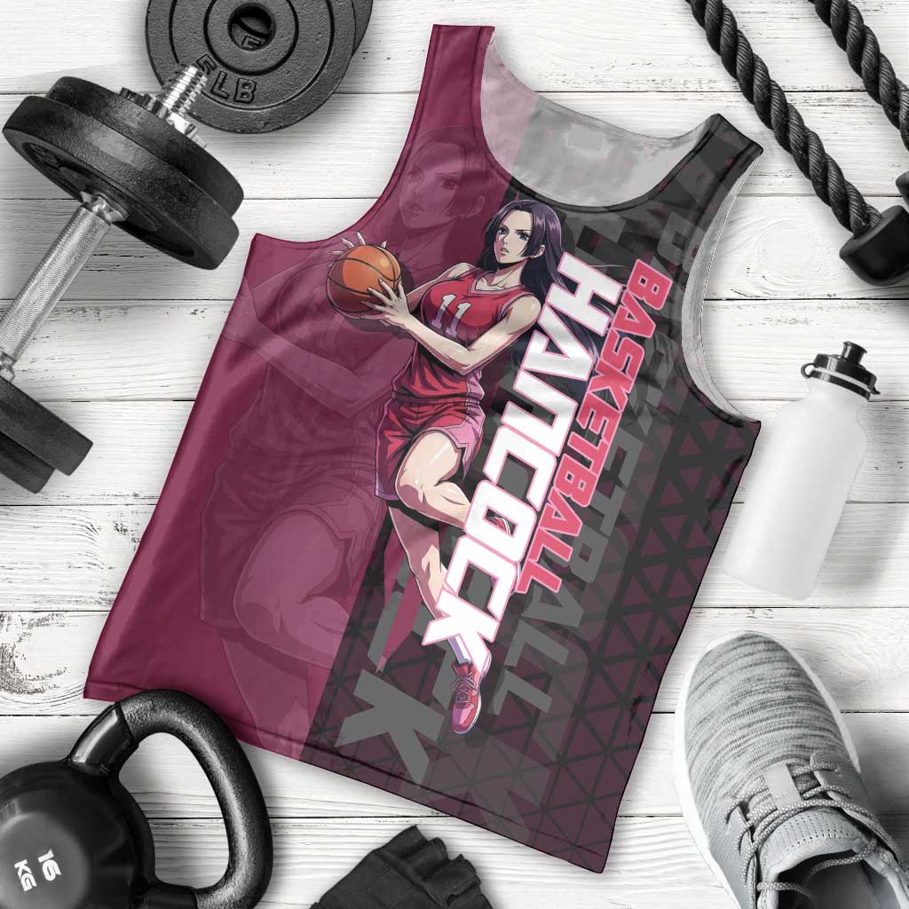 Boa Hancock One Piece Basketball Theme Maroon and Black Design Men Tank Top with Serpent Emblem and Dynamic Pose - The Mazicc