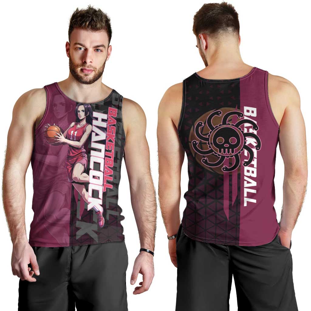 Boa Hancock One Piece Basketball Theme Maroon and Black Design Men Tank Top with Serpent Emblem and Dynamic Pose - The Mazicc