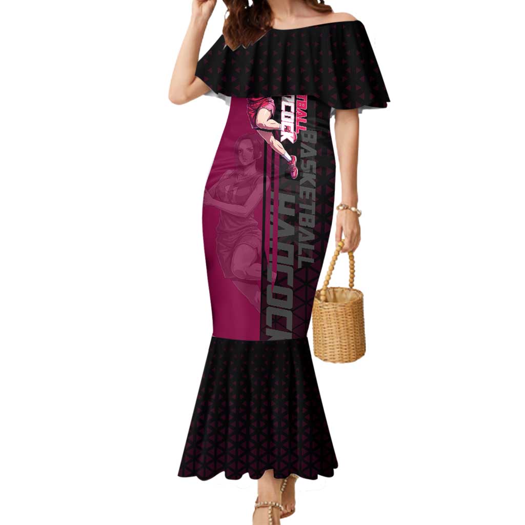 Boa Hancock One Piece Basketball Theme Maroon and Black Design Mermaid Dress with Serpent Emblem and Dynamic Pose - The Mazicc