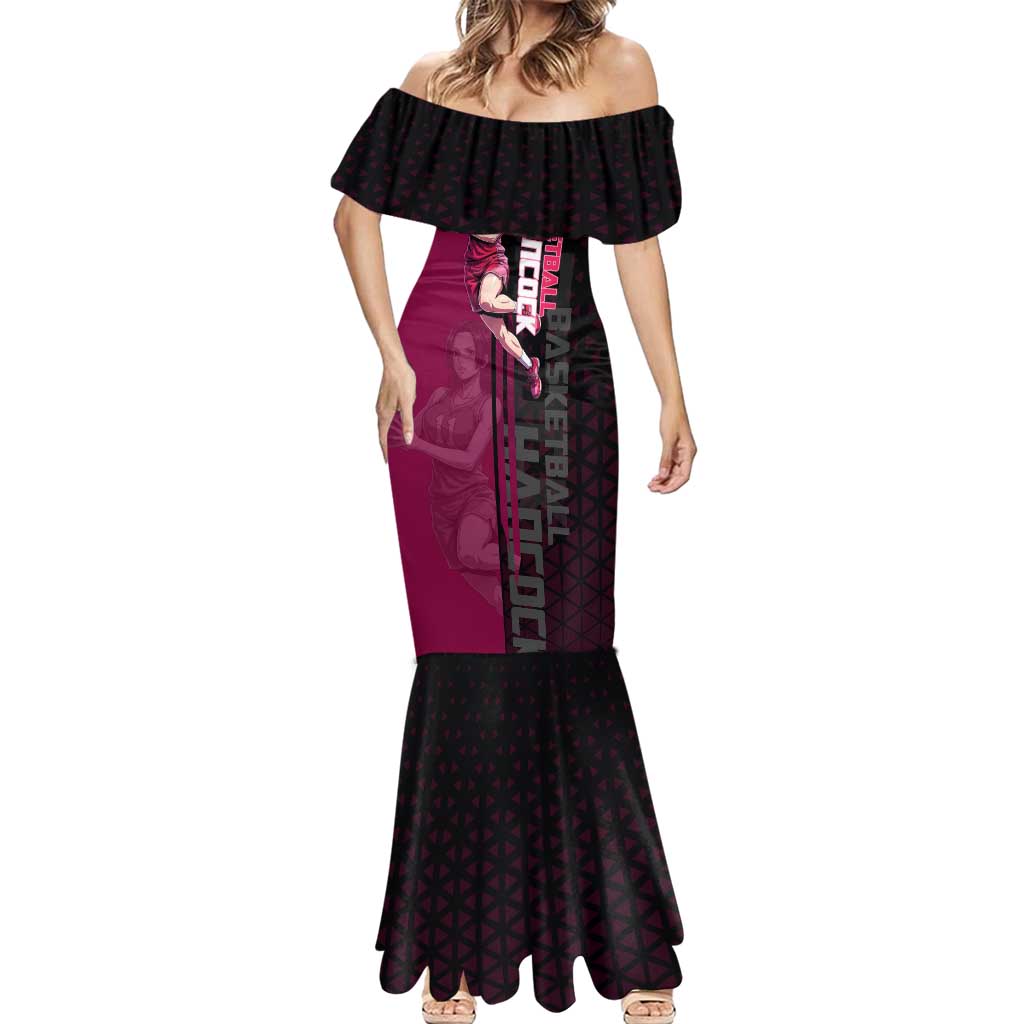 Boa Hancock One Piece Basketball Theme Maroon and Black Design Mermaid Dress with Serpent Emblem and Dynamic Pose - The Mazicc