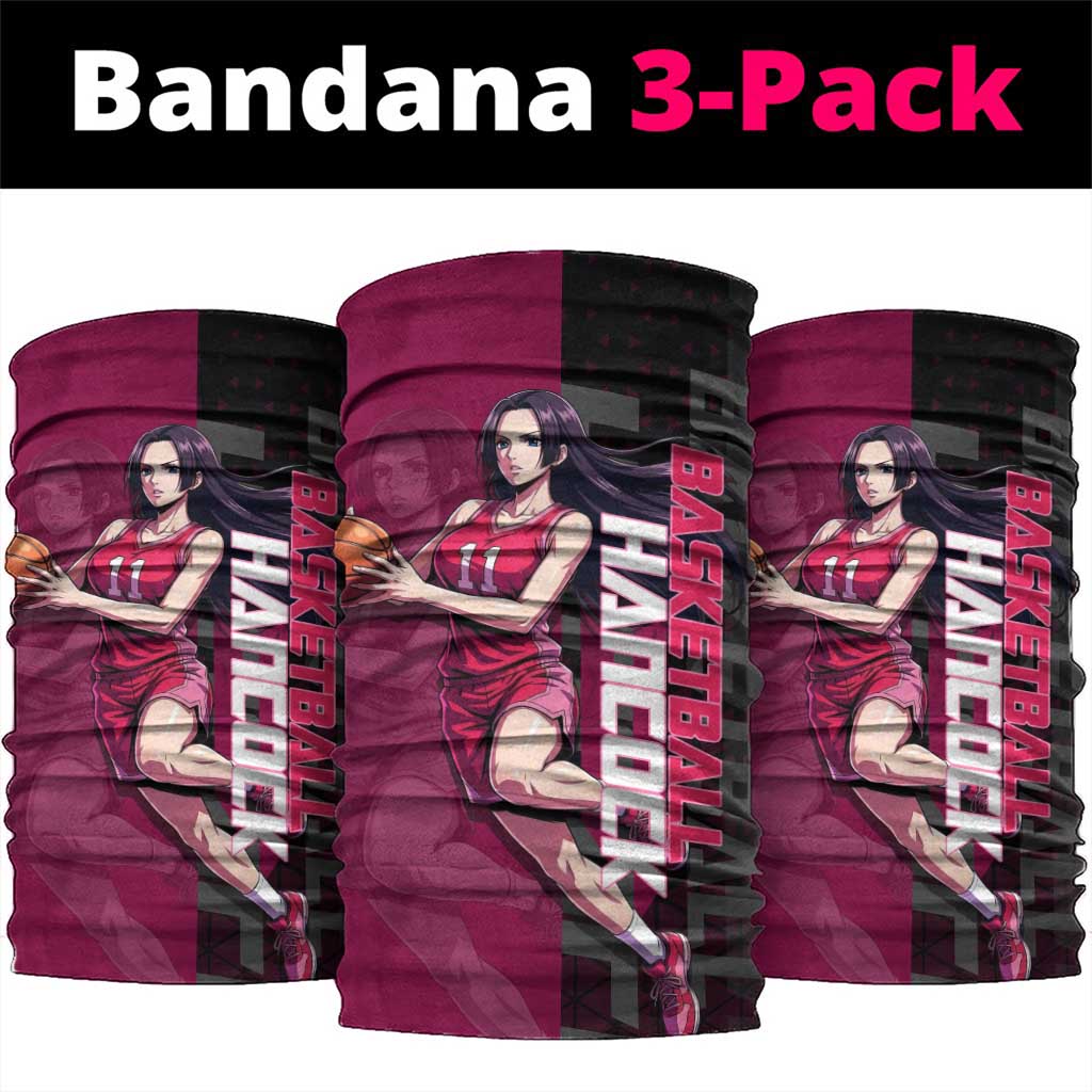 Boa Hancock One Piece Basketball Theme Maroon and Black Design Neck Gaiter with Serpent Emblem and Dynamic Pose - The Mazicc
