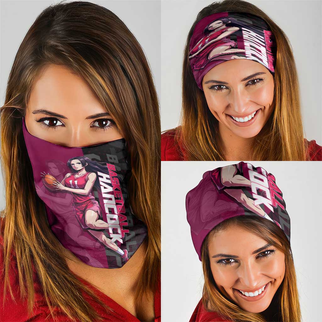 Boa Hancock One Piece Basketball Theme Maroon and Black Design Neck Gaiter with Serpent Emblem and Dynamic Pose - The Mazicc