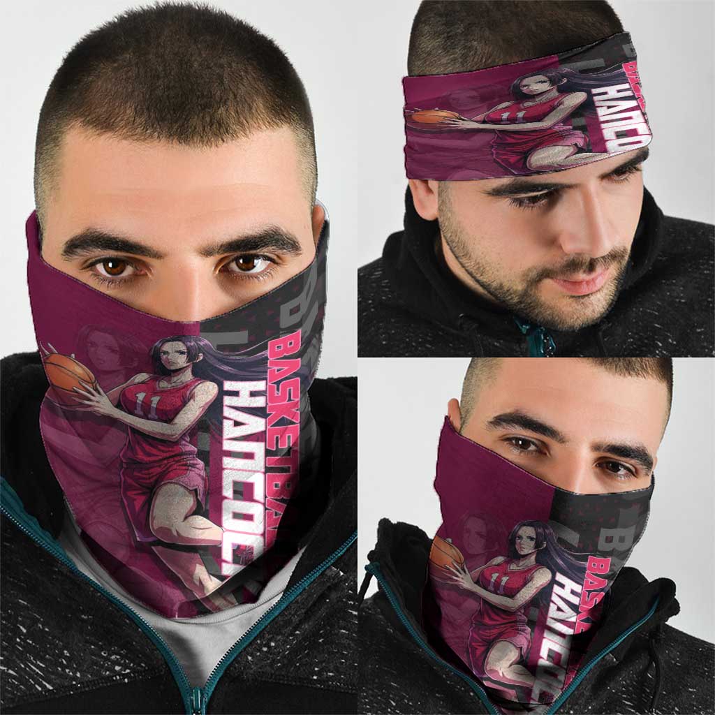 Boa Hancock One Piece Basketball Theme Maroon and Black Design Neck Gaiter with Serpent Emblem and Dynamic Pose - The Mazicc