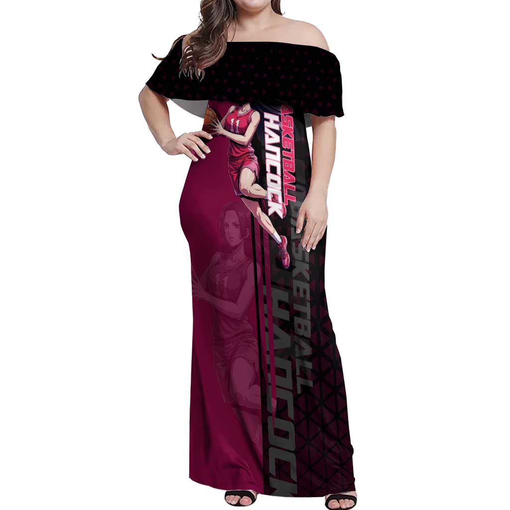 Boa Hancock One Piece Basketball Theme Maroon and Black Design Off Shoulder Maxi Dress with Serpent Emblem and Dynamic Pose - The Mazicc