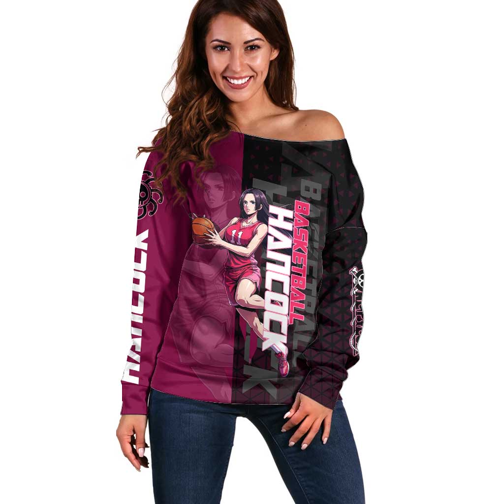 Boa Hancock One Piece Basketball Theme Maroon and Black Design Off Shoulder Sweater with Serpent Emblem and Dynamic Pose - The Mazicc