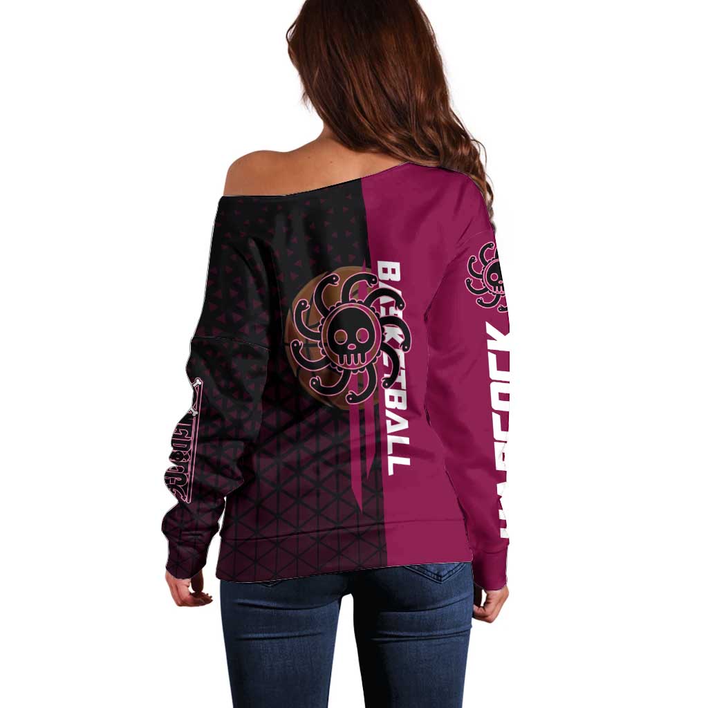 Boa Hancock One Piece Basketball Theme Maroon and Black Design Off Shoulder Sweater with Serpent Emblem and Dynamic Pose - The Mazicc