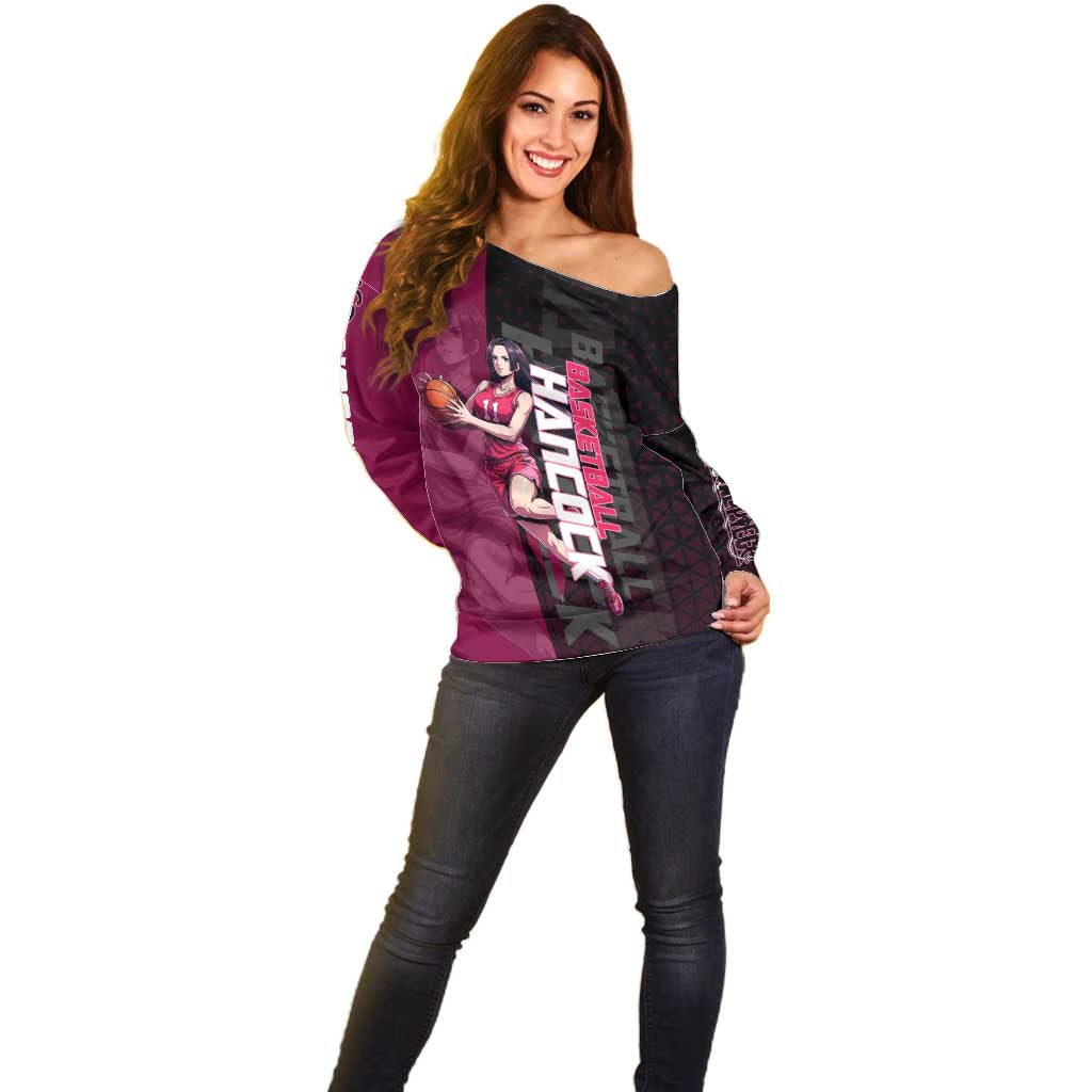 Boa Hancock One Piece Basketball Theme Maroon and Black Design Off Shoulder Sweater with Serpent Emblem and Dynamic Pose - The Mazicc