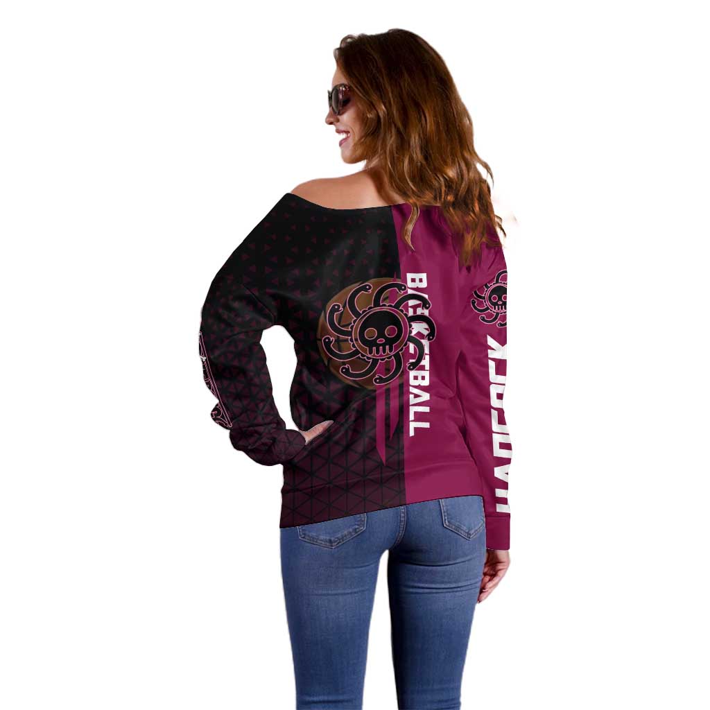 Boa Hancock One Piece Basketball Theme Maroon and Black Design Off Shoulder Sweater with Serpent Emblem and Dynamic Pose - The Mazicc