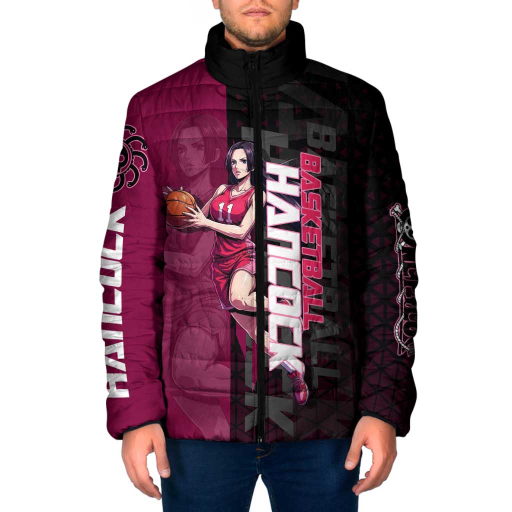 Boa Hancock One Piece Basketball Theme Maroon and Black Design Padded Jacket with Serpent Emblem and Dynamic Pose - The Mazicc