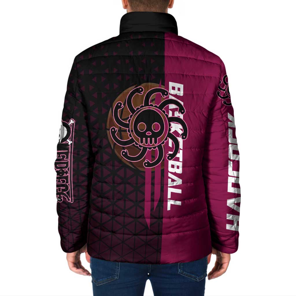 Boa Hancock One Piece Basketball Theme Maroon and Black Design Padded Jacket with Serpent Emblem and Dynamic Pose - The Mazicc