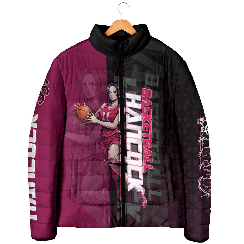 Boa Hancock One Piece Basketball Theme Maroon and Black Design Padded Jacket with Serpent Emblem and Dynamic Pose - The Mazicc