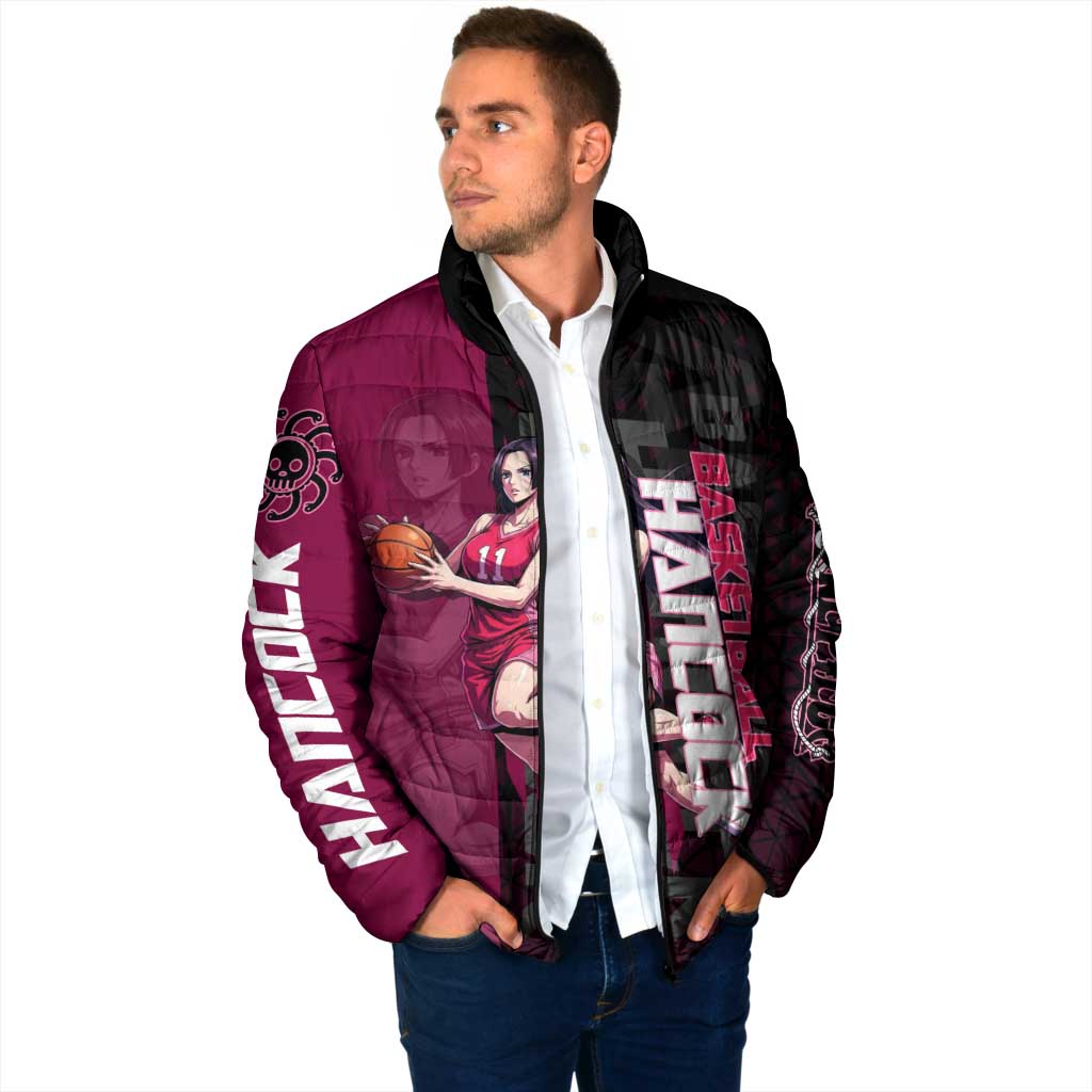 Boa Hancock One Piece Basketball Theme Maroon and Black Design Padded Jacket with Serpent Emblem and Dynamic Pose - The Mazicc