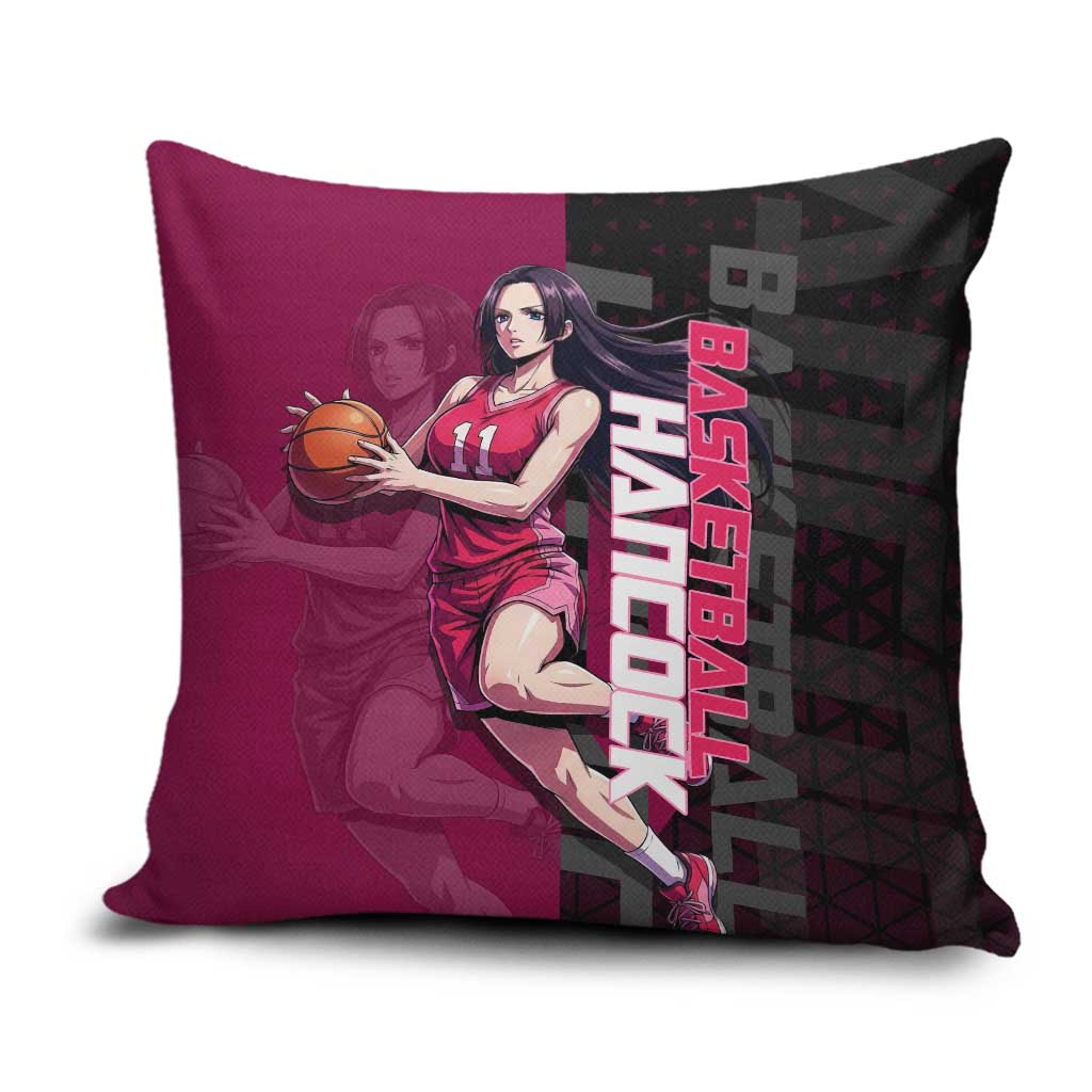 Boa Hancock One Piece Basketball Theme Maroon and Black Design Pillow Cover with Serpent Emblem and Dynamic Pose - The Mazicc