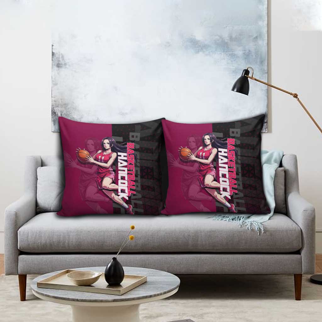 Boa Hancock One Piece Basketball Theme Maroon and Black Design Pillow Cover with Serpent Emblem and Dynamic Pose - The Mazicc