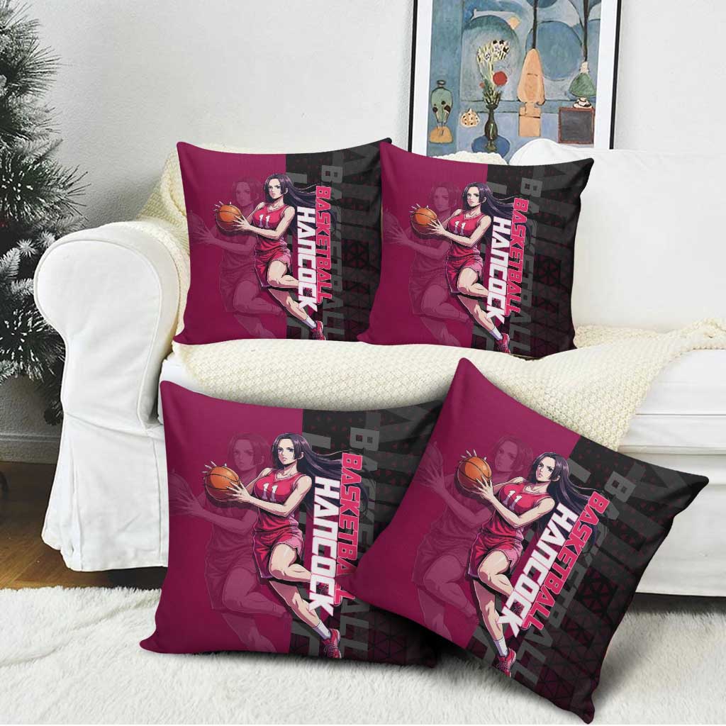Boa Hancock One Piece Basketball Theme Maroon and Black Design Pillow Cover with Serpent Emblem and Dynamic Pose - The Mazicc