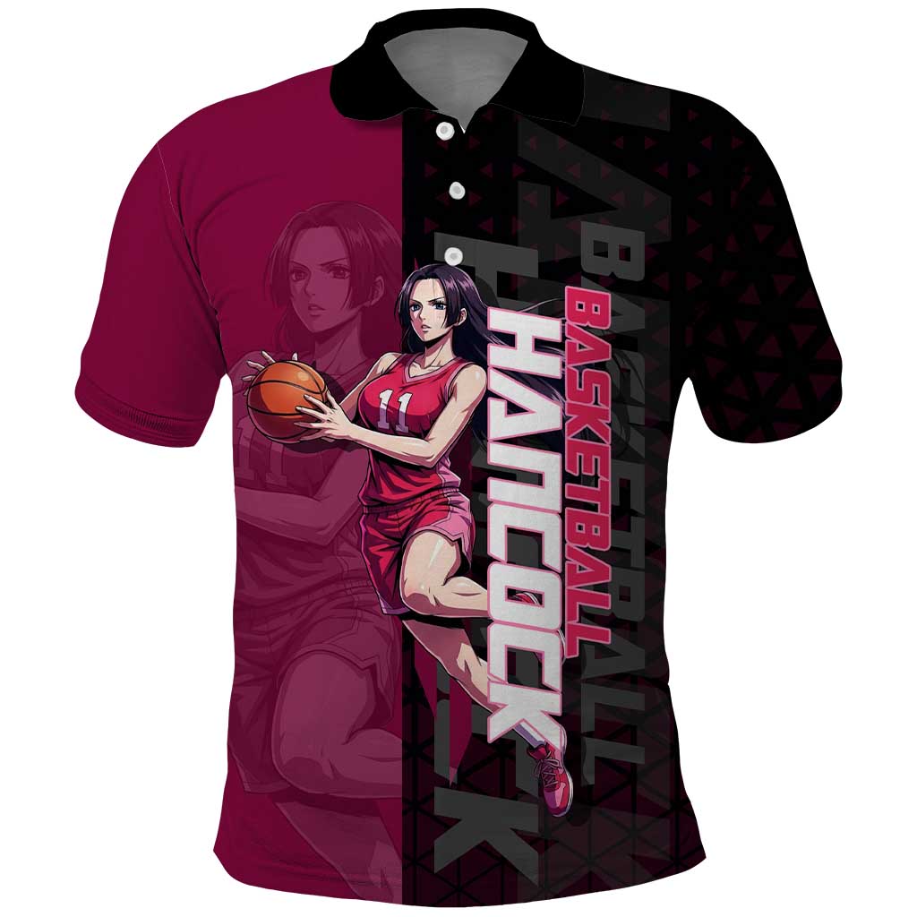 Boa Hancock One Piece Basketball Theme Maroon and Black Design Polo Shirt with Serpent Emblem and Dynamic Pose - The Mazicc