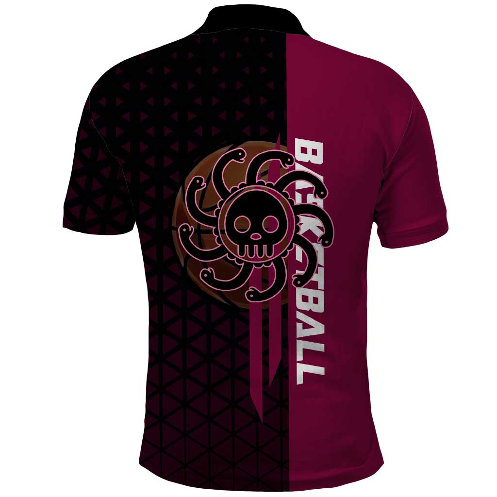 Boa Hancock One Piece Basketball Theme Maroon and Black Design Polo Shirt with Serpent Emblem and Dynamic Pose - The Mazicc