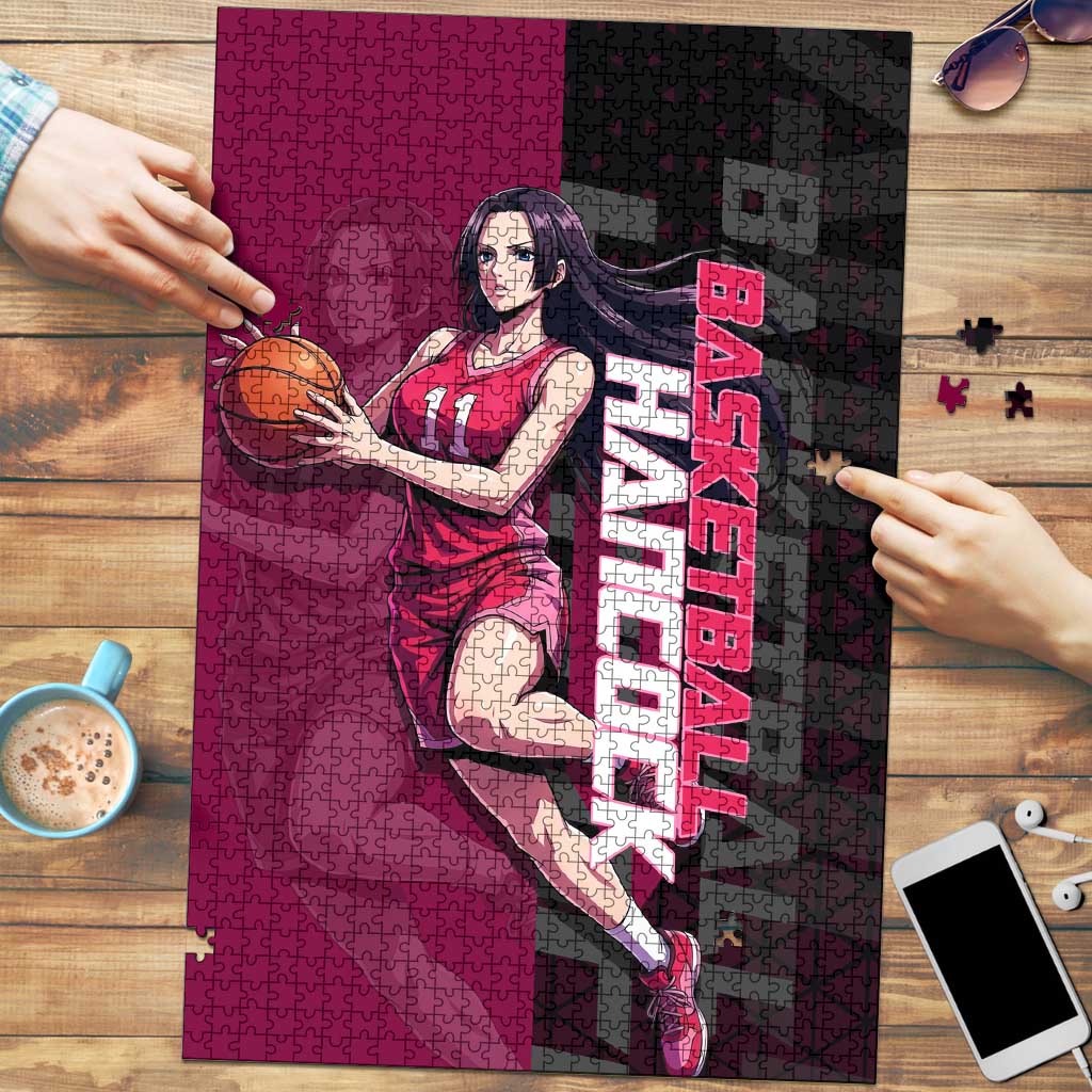 Boa Hancock One Piece Basketball Theme Maroon and Black Design Puzzle with Serpent Emblem and Dynamic Pose - The Mazicc