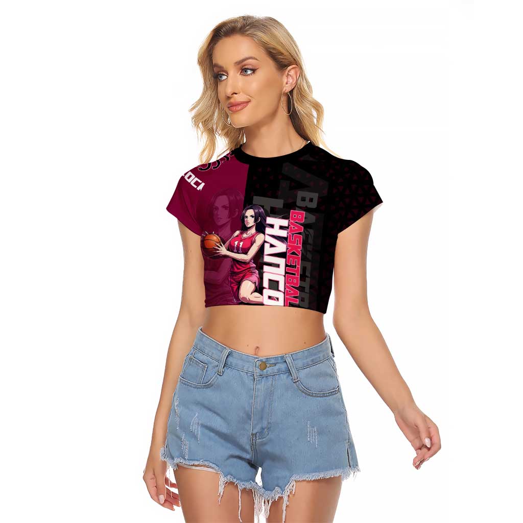 Boa Hancock One Piece Basketball Theme Maroon and Black Design Raglan Cropped T Shirt with Serpent Emblem and Dynamic Pose - The Mazicc