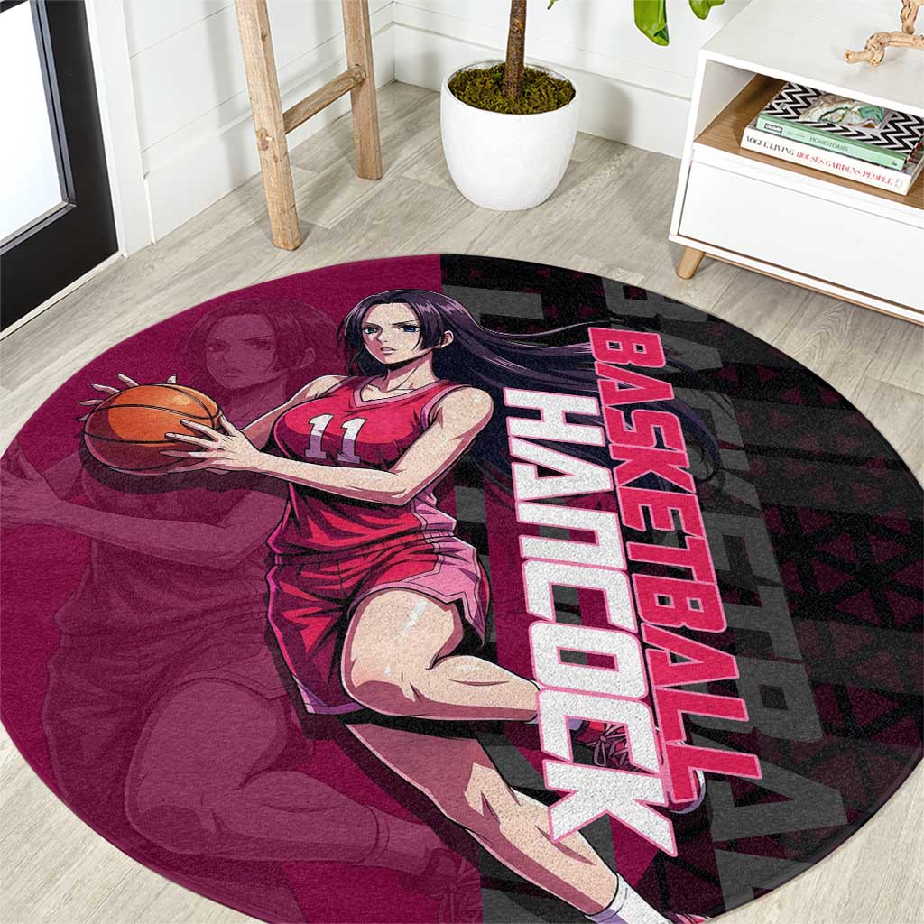 Boa Hancock One Piece Basketball Theme Maroon and Black Design Round Carpet with Serpent Emblem and Dynamic Pose - The Mazicc