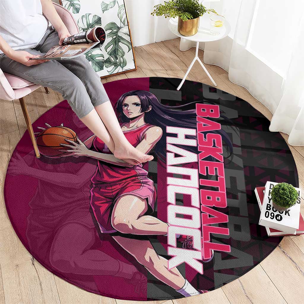Boa Hancock One Piece Basketball Theme Maroon and Black Design Round Carpet with Serpent Emblem and Dynamic Pose - The Mazicc