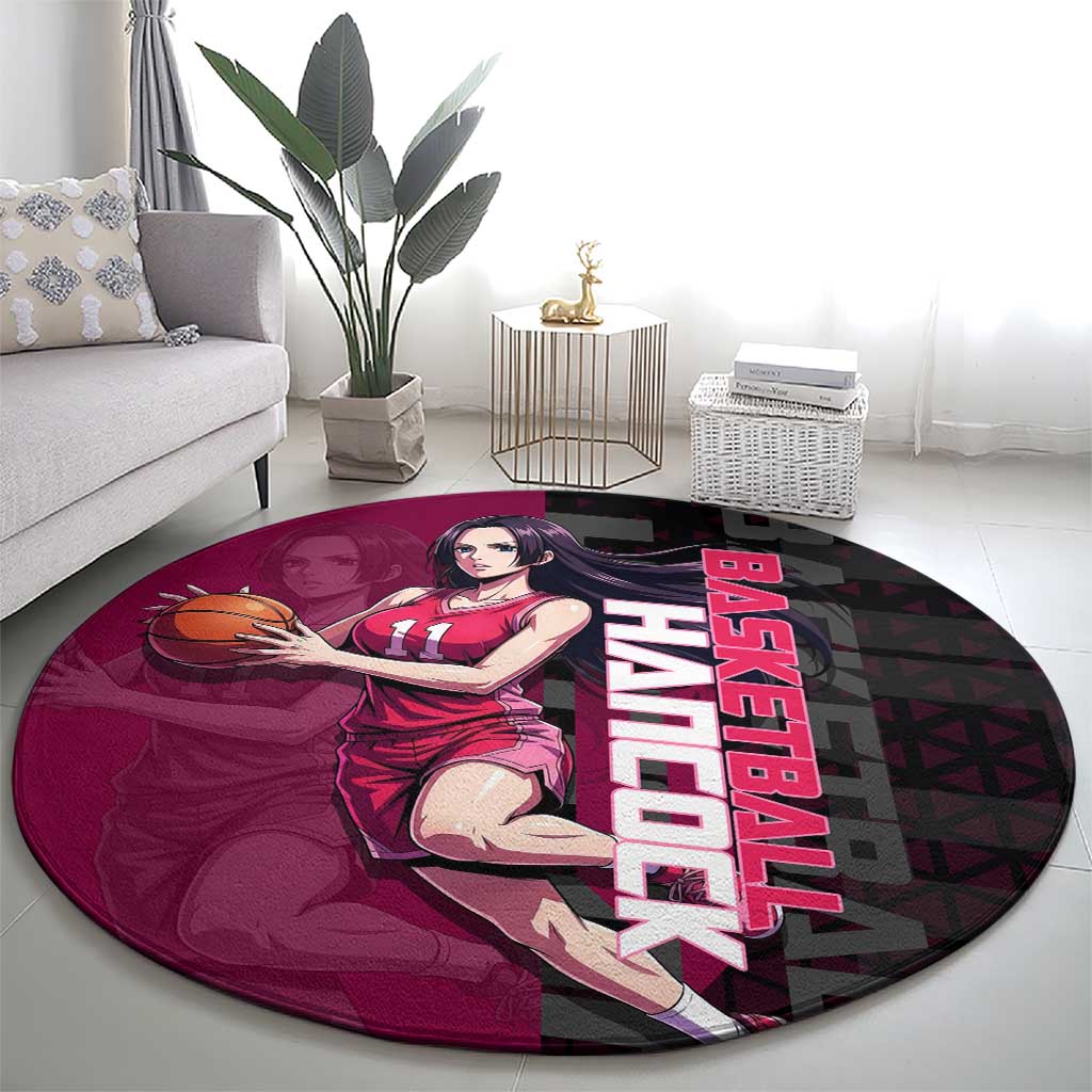 Boa Hancock One Piece Basketball Theme Maroon and Black Design Round Carpet with Serpent Emblem and Dynamic Pose - The Mazicc