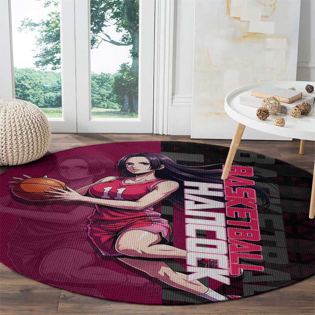 Boa Hancock One Piece Basketball Theme Maroon and Black Design Round Carpet with Serpent Emblem and Dynamic Pose - The Mazicc
