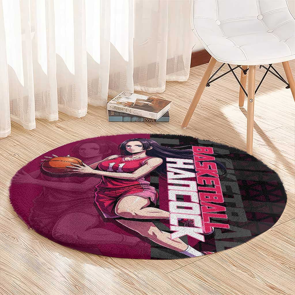 Boa Hancock One Piece Basketball Theme Maroon and Black Design Round Carpet with Serpent Emblem and Dynamic Pose - The Mazicc