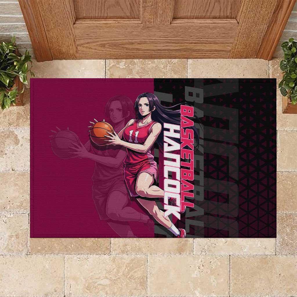 Boa Hancock One Piece Basketball Theme Maroon and Black Design Rubber Doormat with Serpent Emblem and Dynamic Pose - The Mazicc