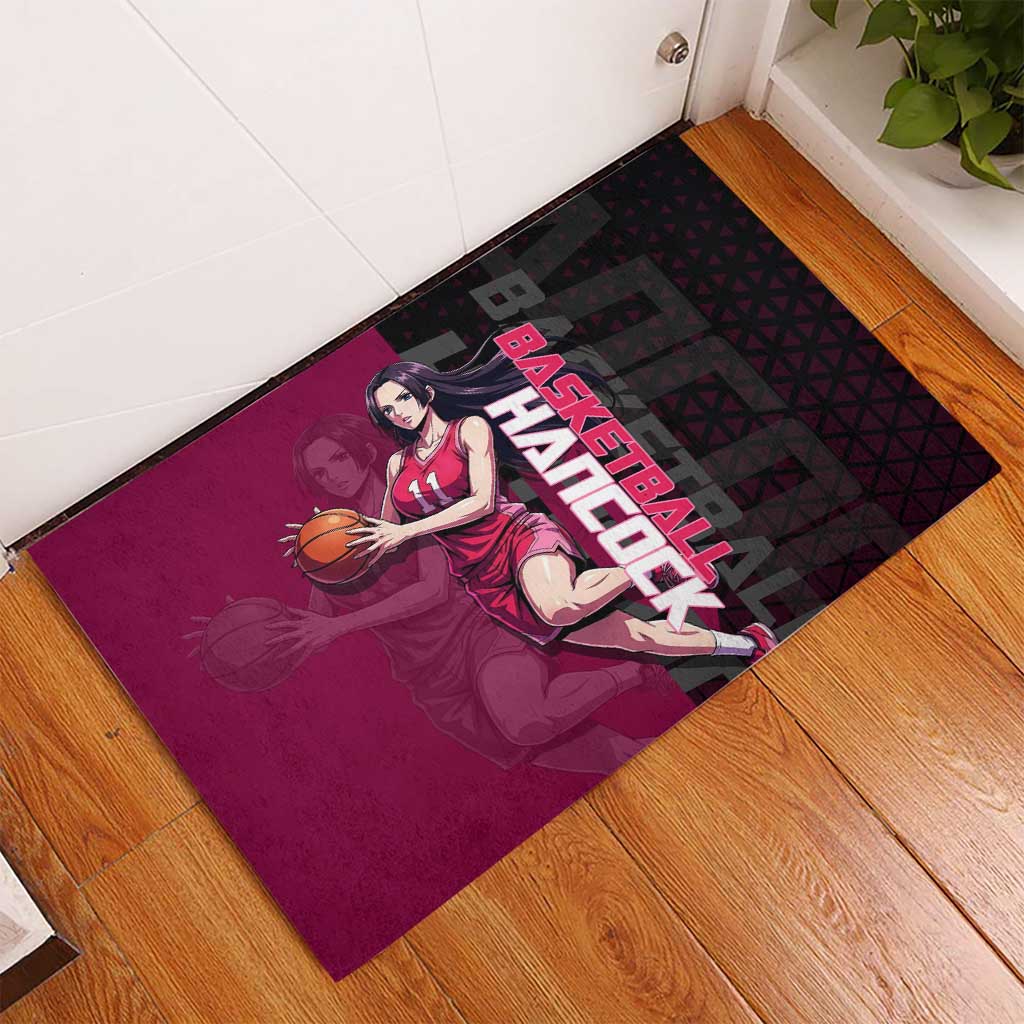Boa Hancock One Piece Basketball Theme Maroon and Black Design Rubber Doormat with Serpent Emblem and Dynamic Pose - The Mazicc