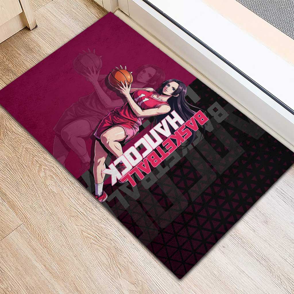 Boa Hancock One Piece Basketball Theme Maroon and Black Design Rubber Doormat with Serpent Emblem and Dynamic Pose - The Mazicc