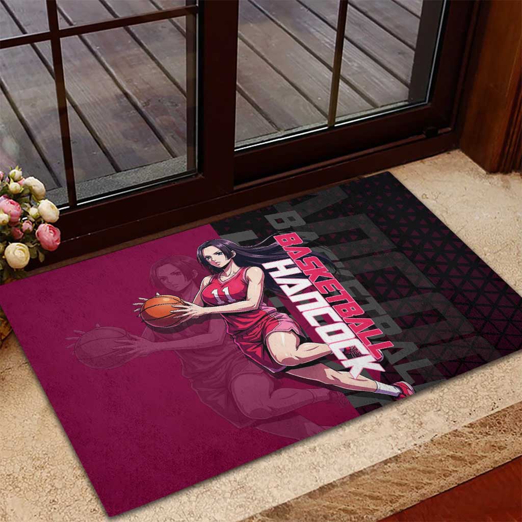 Boa Hancock One Piece Basketball Theme Maroon and Black Design Rubber Doormat with Serpent Emblem and Dynamic Pose - The Mazicc
