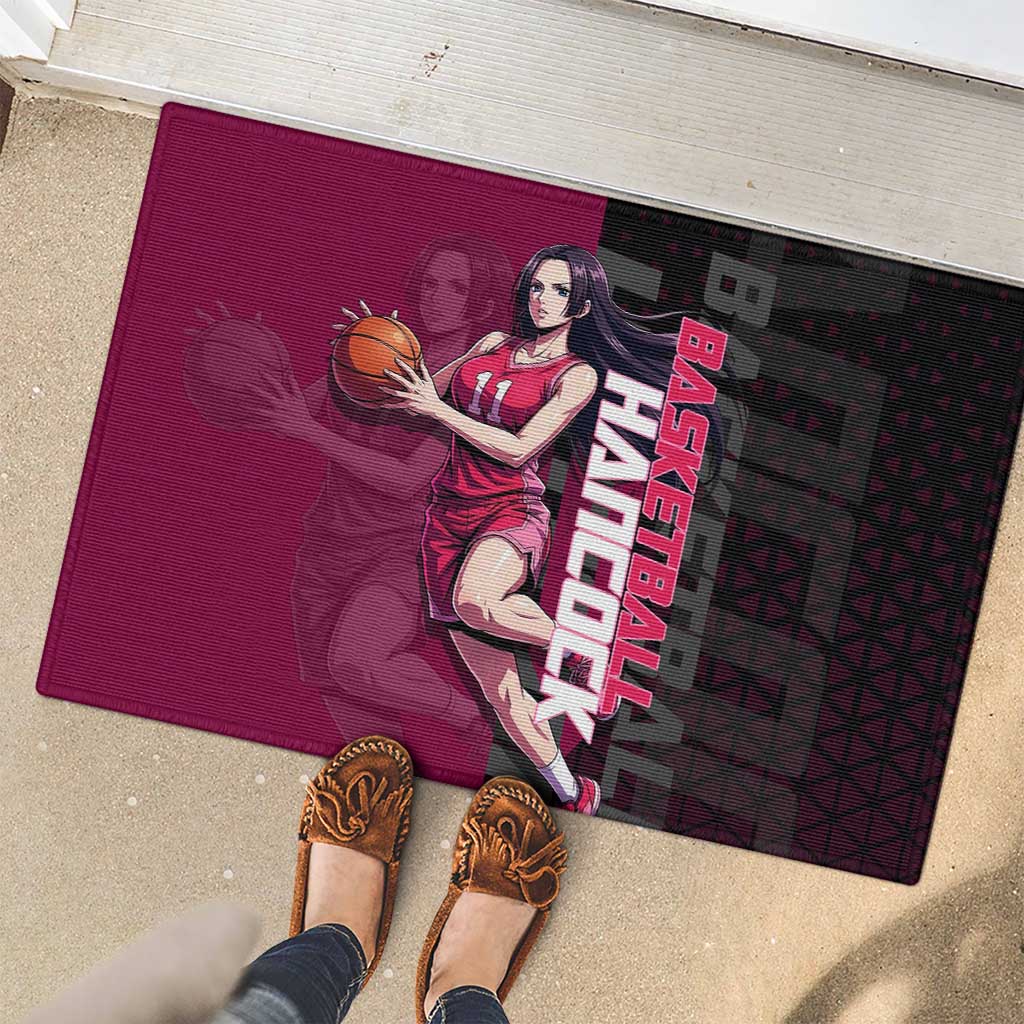 Boa Hancock One Piece Basketball Theme Maroon and Black Design Rubber Doormat with Serpent Emblem and Dynamic Pose - The Mazicc