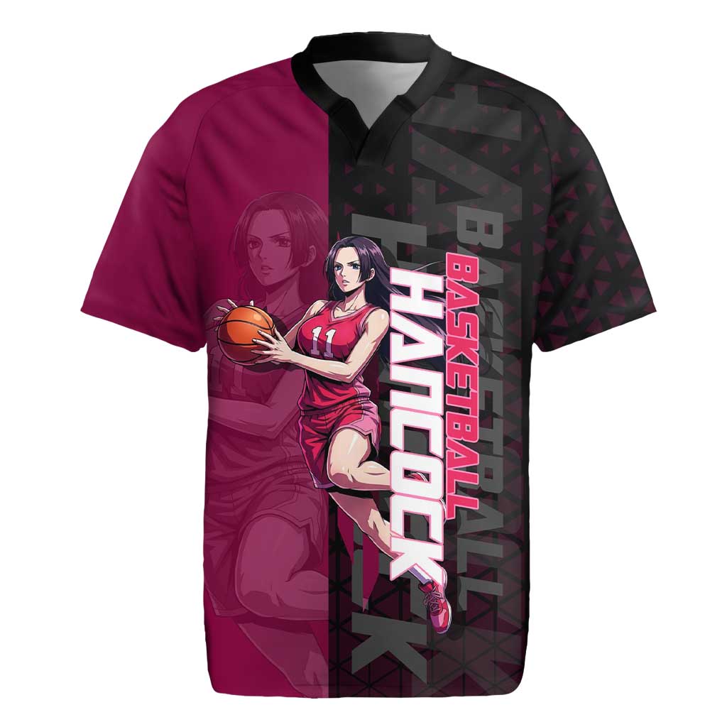 Boa Hancock One Piece Basketball Theme Maroon and Black Design Rugby Jersey with Serpent Emblem and Dynamic Pose - The Mazicc