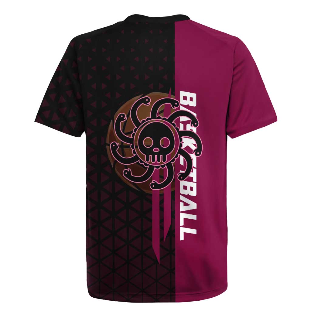 Boa Hancock One Piece Basketball Theme Maroon and Black Design Rugby Jersey with Serpent Emblem and Dynamic Pose - The Mazicc