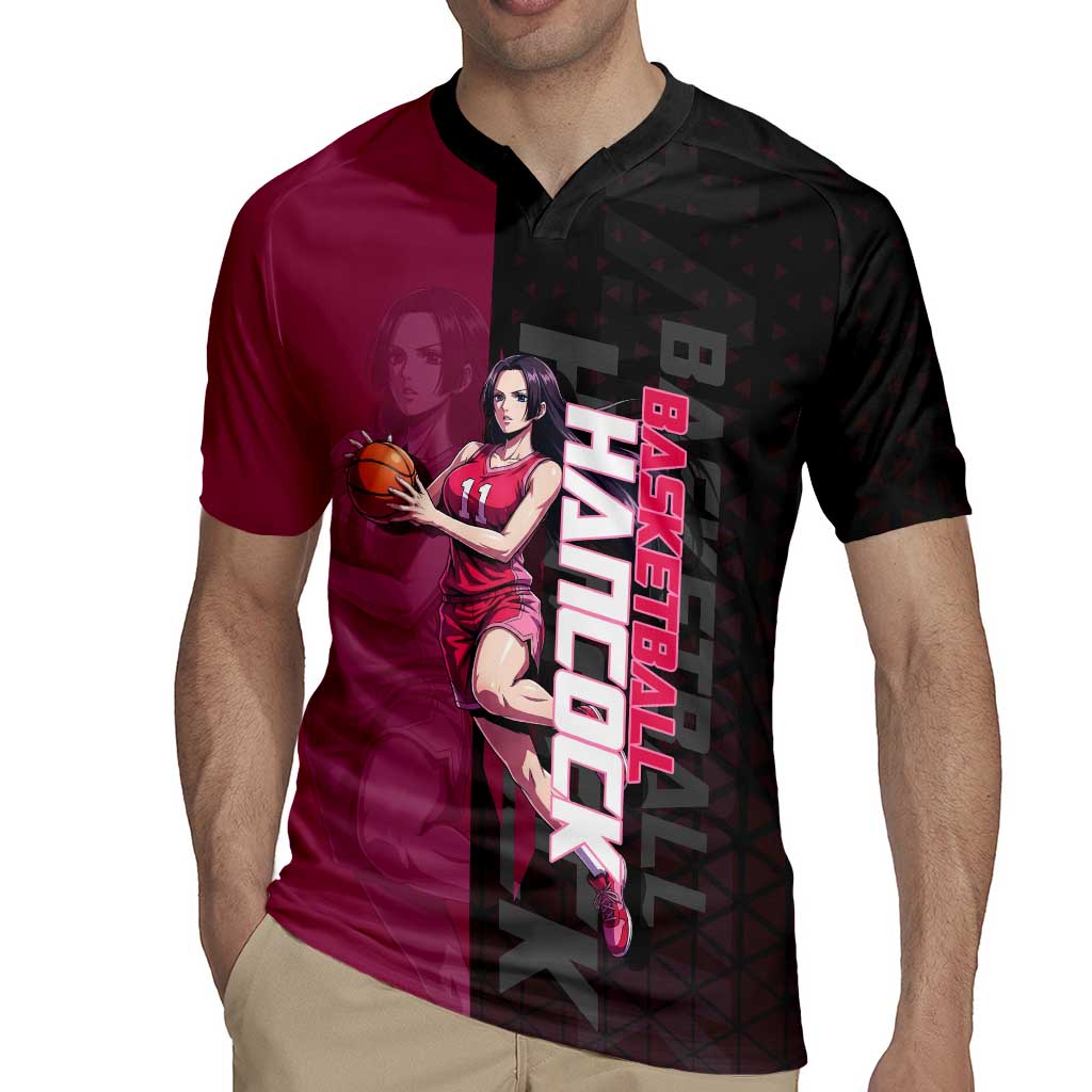 Boa Hancock One Piece Basketball Theme Maroon and Black Design Rugby Jersey with Serpent Emblem and Dynamic Pose - The Mazicc