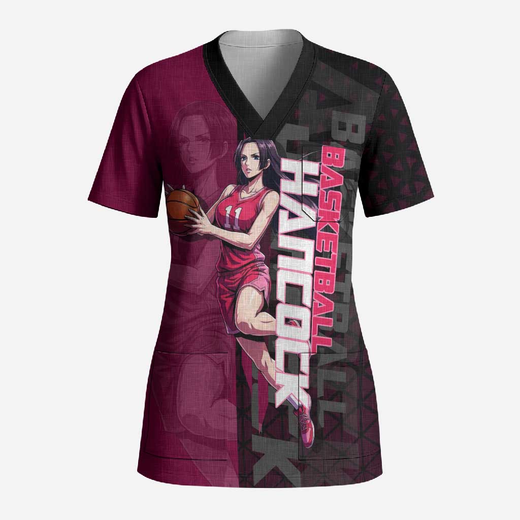 Boa Hancock One Piece Basketball Theme Maroon and Black Design Scrub Top with Serpent Emblem and Dynamic Pose - The Mazicc