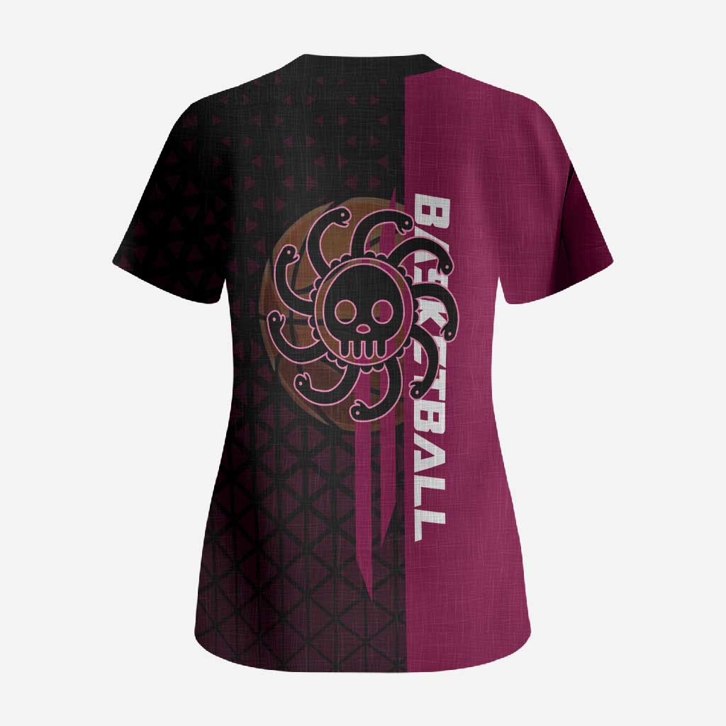 Boa Hancock One Piece Basketball Theme Maroon and Black Design Scrub Top with Serpent Emblem and Dynamic Pose - The Mazicc