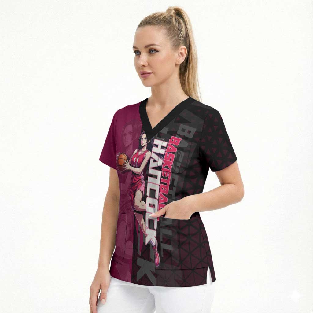 Boa Hancock One Piece Basketball Theme Maroon and Black Design Scrub Top with Serpent Emblem and Dynamic Pose - The Mazicc