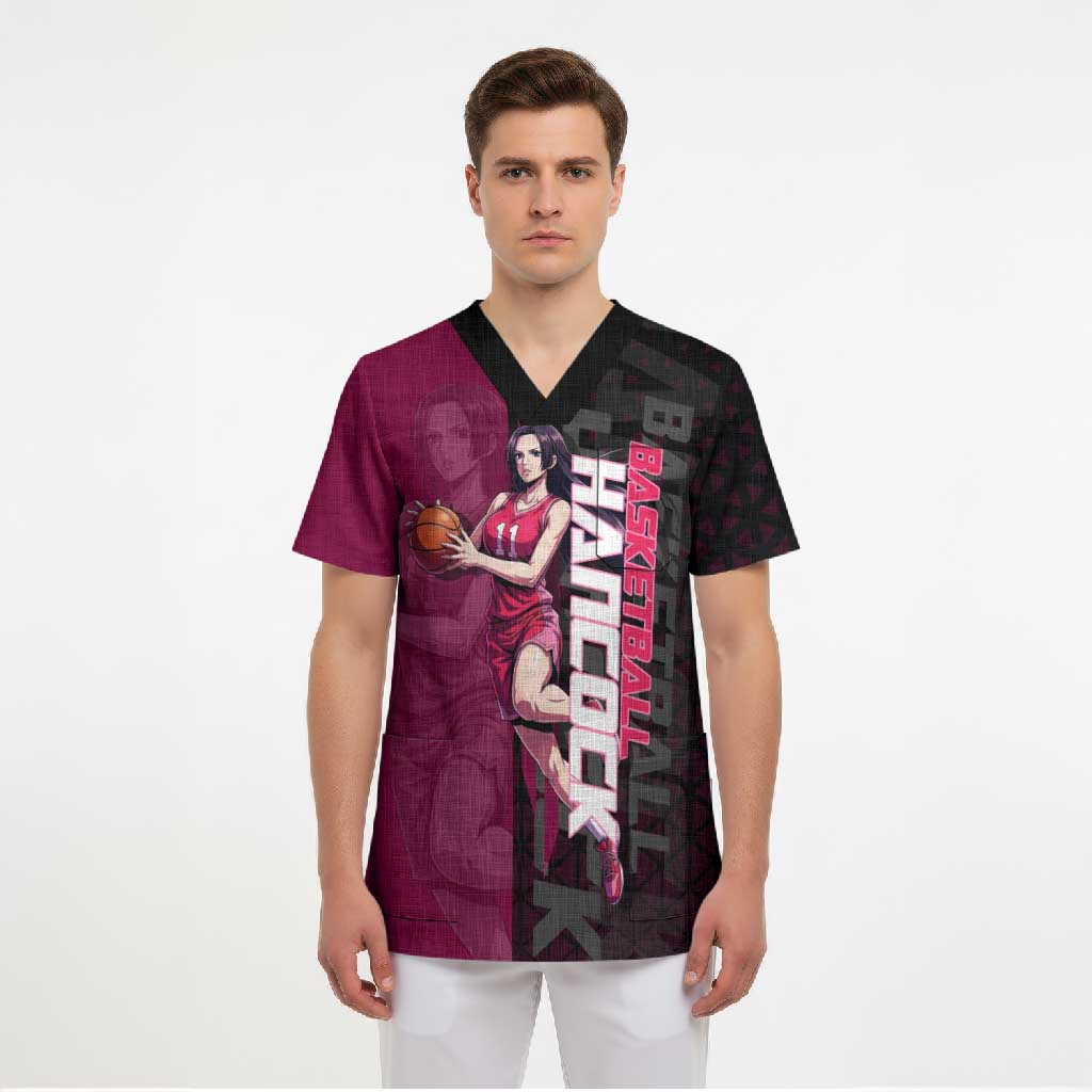 Boa Hancock One Piece Basketball Theme Maroon and Black Design Scrub Top with Serpent Emblem and Dynamic Pose - The Mazicc