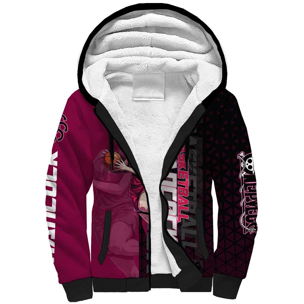 Boa Hancock One Piece Basketball Theme Maroon and Black Design Sherpa Hoodie with Serpent Emblem and Dynamic Pose - The Mazicc