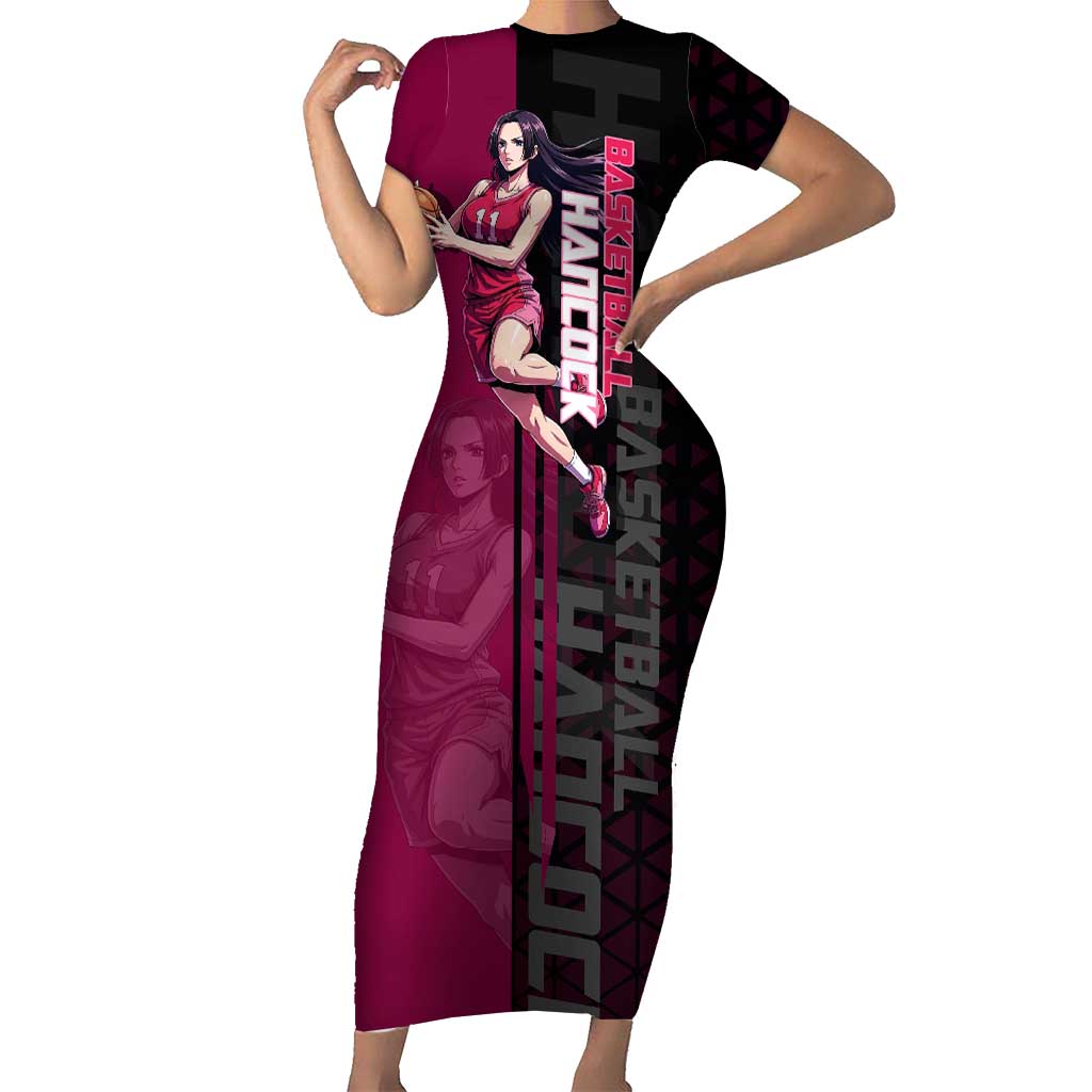 Boa Hancock One Piece Basketball Theme Maroon and Black Design Short Sleeve Bodycon Dress with Serpent Emblem and Dynamic Pose - The Mazicc