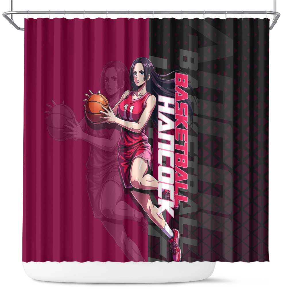 Boa Hancock One Piece Basketball Theme Maroon and Black Design Shower Curtain with Serpent Emblem and Dynamic Pose - The Mazicc