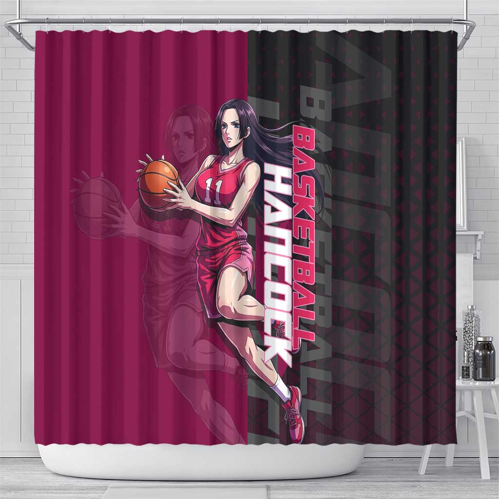 Boa Hancock One Piece Basketball Theme Maroon and Black Design Shower Curtain with Serpent Emblem and Dynamic Pose - The Mazicc