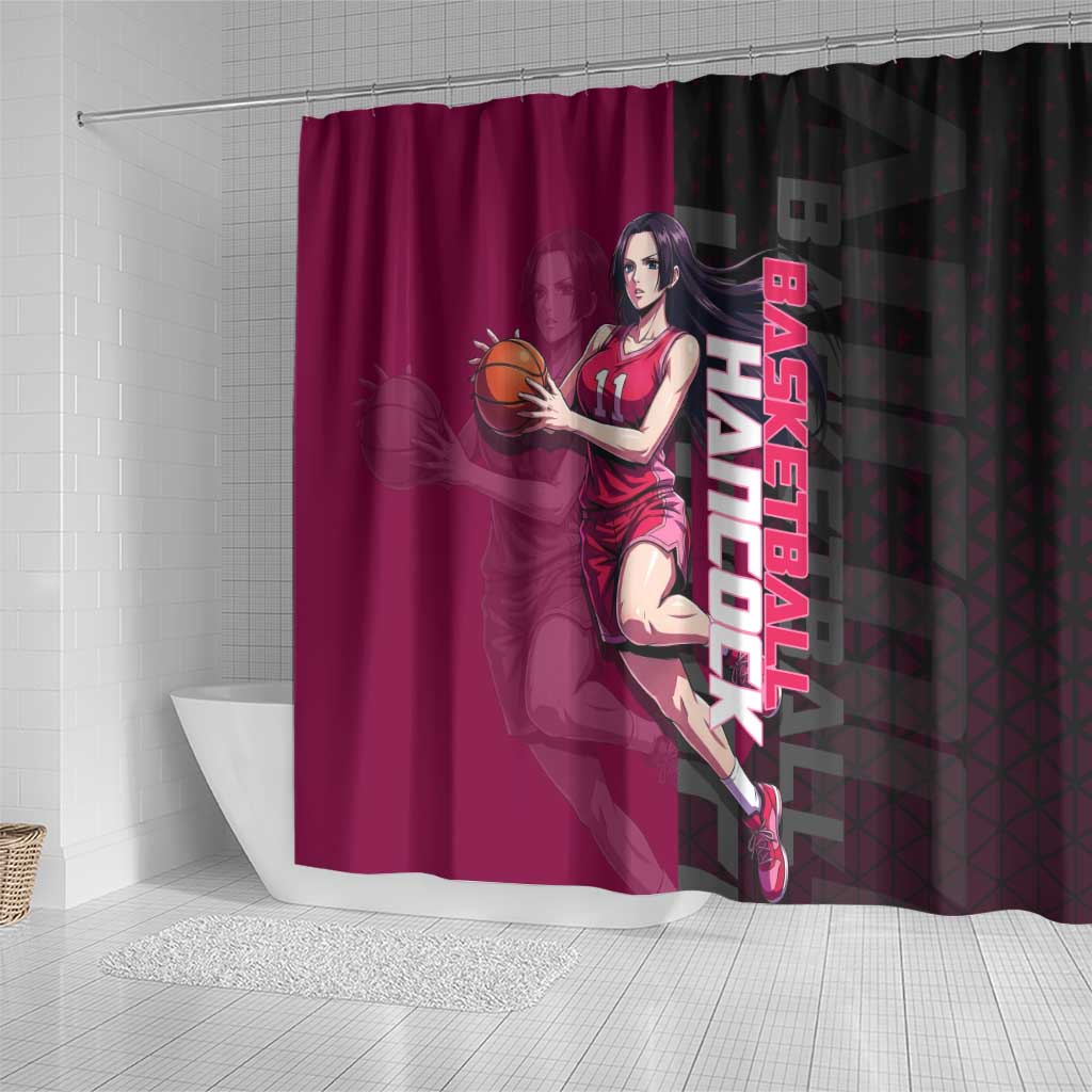 Boa Hancock One Piece Basketball Theme Maroon and Black Design Shower Curtain with Serpent Emblem and Dynamic Pose - The Mazicc