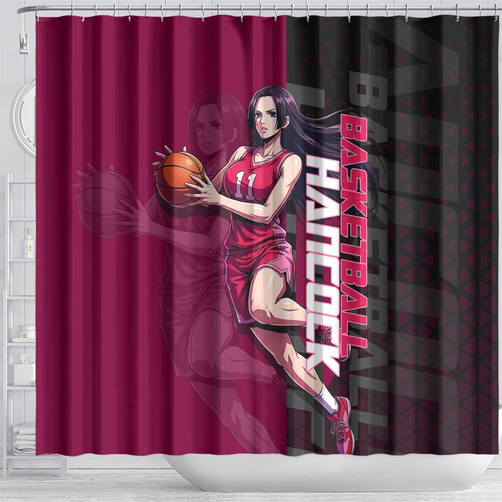 Boa Hancock One Piece Basketball Theme Maroon and Black Design Shower Curtain with Serpent Emblem and Dynamic Pose - The Mazicc