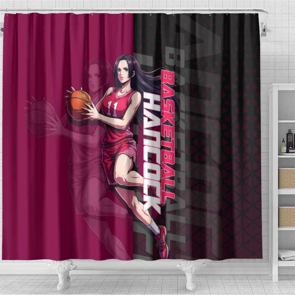 Boa Hancock One Piece Basketball Theme Maroon and Black Design Shower Curtain with Serpent Emblem and Dynamic Pose - The Mazicc